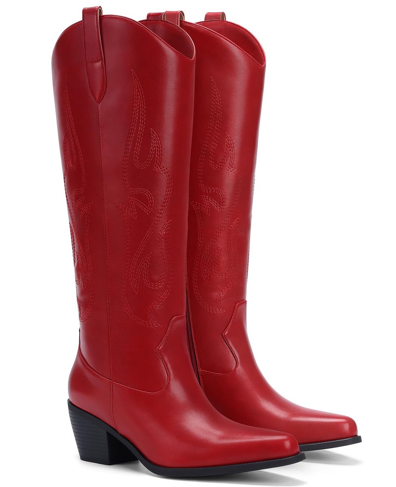 Pasuot Western Cowboy Boots for Women - Knee High Wide Calf Cowgirl Boots, Slip On Pointed Toe Chunky Heel Fashion Retro Classic Pull On Tall Boot for ladies Party concert Dark Red US 8 - Image 5