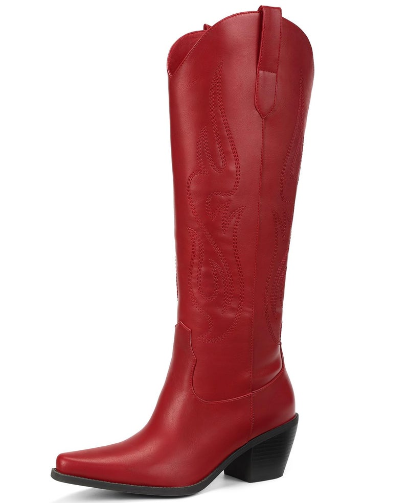 Pasuot Western Cowboy Boots for Women - Knee High Wide Calf Cowgirl Boots, Slip On Pointed Toe Chunky Heel Fashion Retro Classic Pull On Tall Boot for ladies Party concert Dark Red US 8 - Image 1