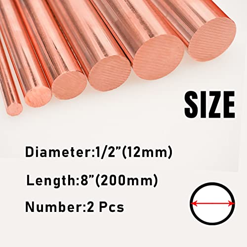 Tynulox 2Pcs Pure Copper Round Rod 1/2"(12mm) Dia 7.87" Length Bare Copper Cu Metal Rod for Metal Craft Hobbies - Image 2