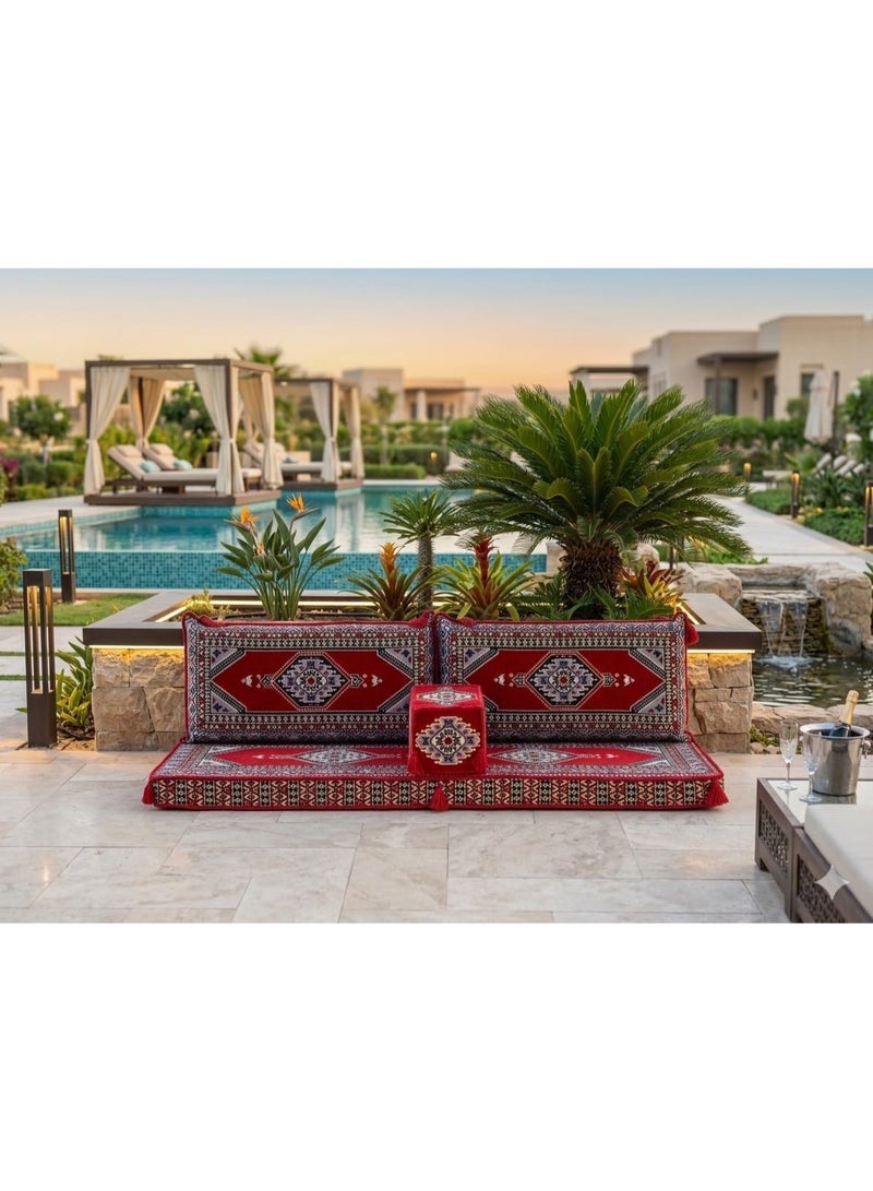 اكس بوت Moroccan Floor Seating Set, Red, Bohemian Style, Outdoor Patio Lounge, Traditional Geometric Pattern - Image 2