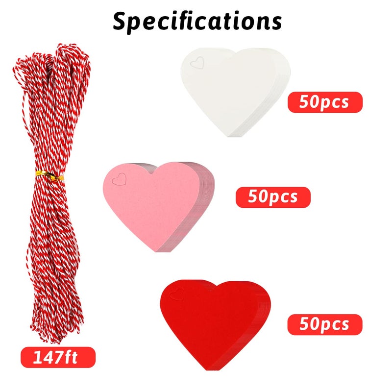 FOIMAS 150pcs Heart Shaped Gift Tags,Heart Paper Kraft Gift Hang Tags with String for Valentine's Day Mother's Day Wedding Party Decoration,Red Pink White - Image 2