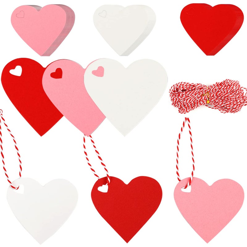 FOIMAS 150pcs Heart Shaped Gift Tags,Heart Paper Kraft Gift Hang Tags with String for Valentine's Day Mother's Day Wedding Party Decoration,Red Pink White - Image 1
