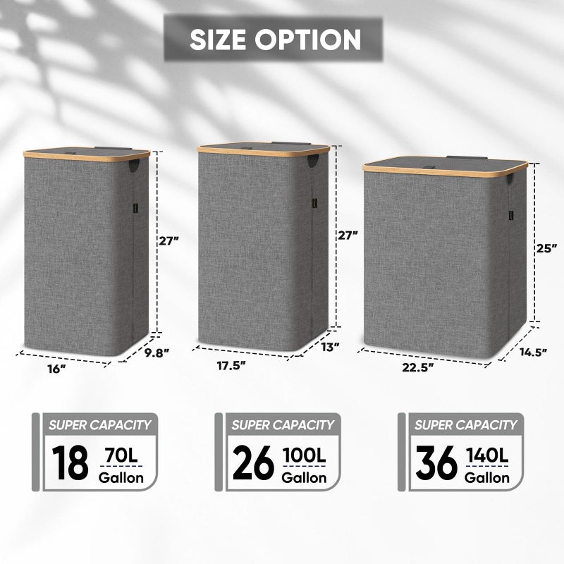 BALEINE Laundry Hamper with Lid, Tall Laundry Baskets with Bamboo Pull Handles, Large Laundry Bin with Internal Support (26 Gal/100L, Green) - Image 2