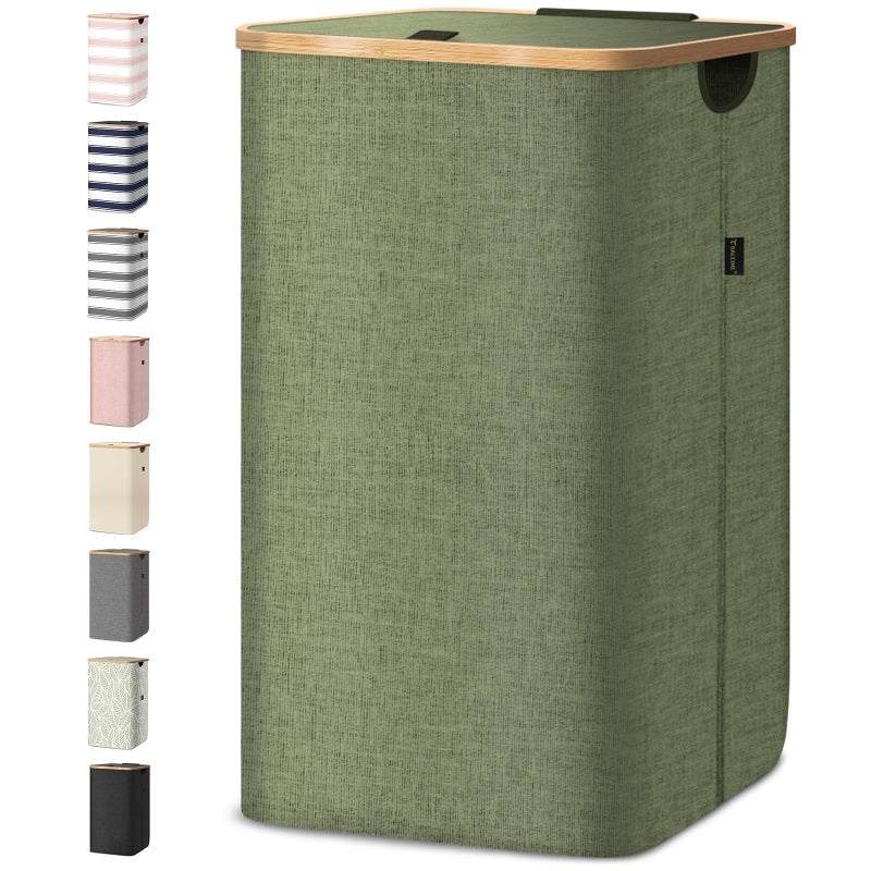 BALEINE Laundry Hamper with Lid, Tall Laundry Baskets with Bamboo Pull Handles, Large Laundry Bin with Internal Support (26 Gal/100L, Green) - Image 1