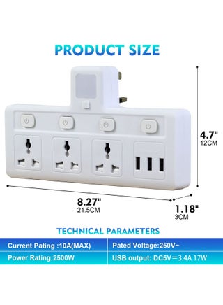 مقبس تمديد متعدد المقابس مع 3 موسعات USB على الحائط مع 3 منافذ ومحول منفذ موسع الطاقة الكهربائية للمنزل والمكتب والمطبخ باللون الأبيض،توصيله كهربائيه مشترك كهرباء توصيلة وصلة كهرباء - view 4