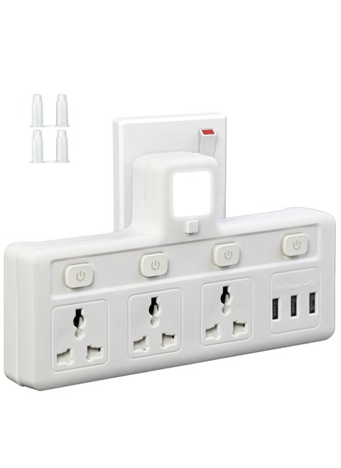 Multi-Plug Extension Socket with 3 USB Extender Wall with 3 Outlets and an Electrical Power Extender Outlet Adaptor for Home, Office, and Kitchen White,Extension Cord