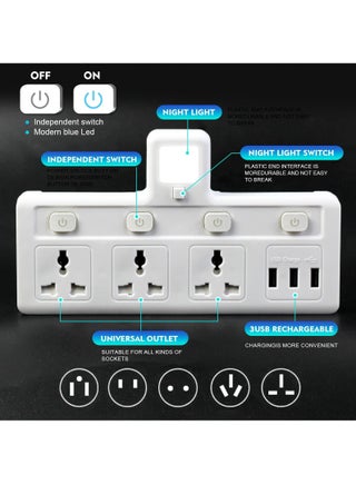 مقبس تمديد متعدد المقابس مع 3 موسعات USB على الحائط مع 3 منافذ ومحول منفذ موسع الطاقة الكهربائية للمنزل والمكتب والمطبخ باللون الأبيض،توصيله كهربائيه مشترك كهرباء توصيلة وصلة كهرباء - view 3