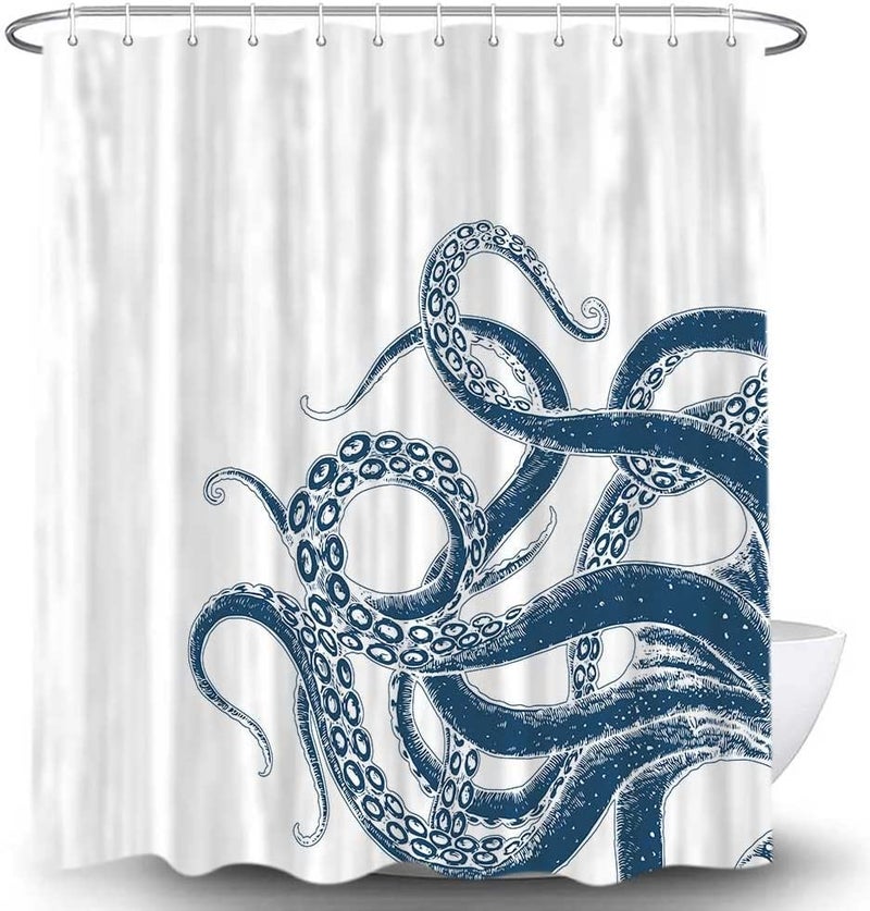 VEIGIKE Octopus Decor Shower Curtain for Bathroom Funny Blue and White Sea Monster Kraken Animal Fabric Shower Curtains Set Unique Novelty Nautical Kids Restroom Accessories with Hooks 72X72Inches