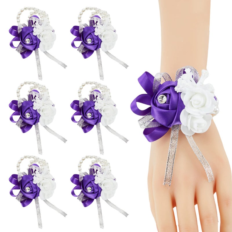 Meldel Purple Wrist Corsage for Prom Wedding Party Set of 6 Rose Wrist Hand Flower for Bridal Bridesmaid Prom Corsages Wrist Bride Groom Mother Corsage Wristlet for Ceremony Homecoming Corsage