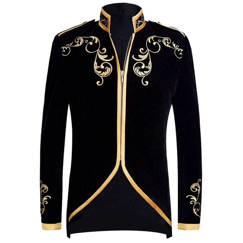PYJTRL Mens Stylish Court Prince Black Velvet Gold Embroidery Blazer Suit Jacket (Black, 44) - Image 1