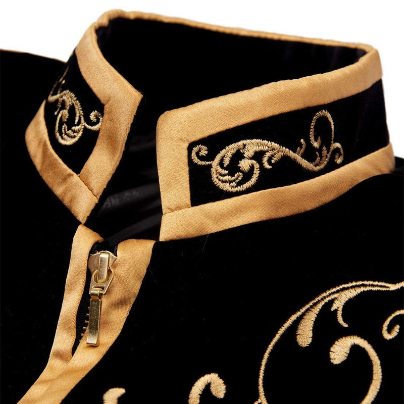 PYJTRL Mens Stylish Court Prince Black Velvet Gold Embroidery Blazer Suit Jacket (Black, 44) - Image 3