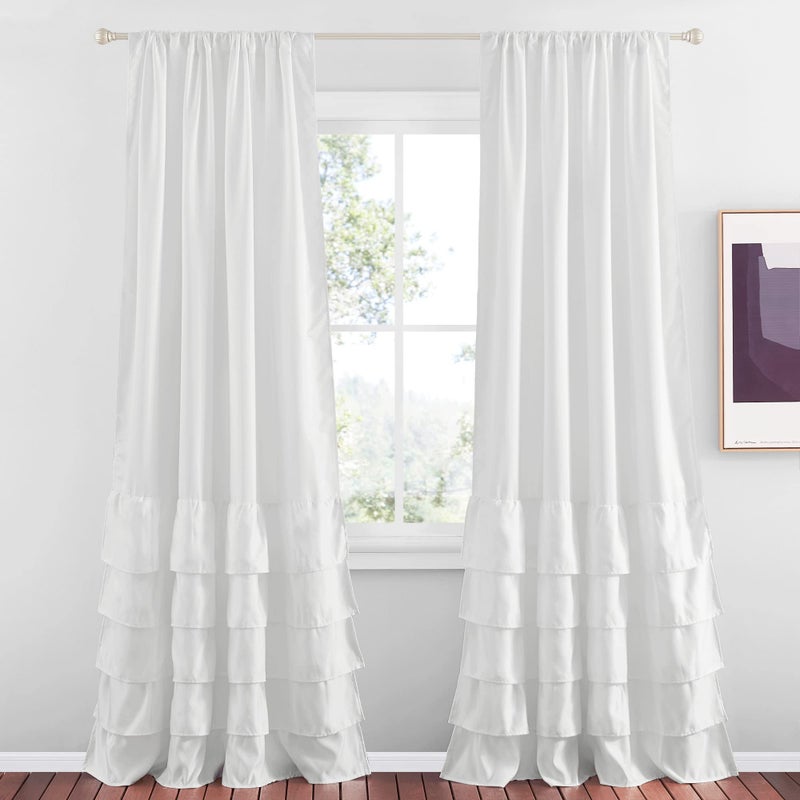 StangH White Ruffle Curtains for Bedroom 84 inches Long Shabby Chic Ruffled Faux Silk Curtains for Living RoomNursery Kids Room Luxury Home Decoration for Backdrops W52 x L84 2 Panels