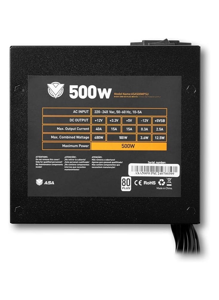 Power Systems Supply for PC, 500W High-End Power Supply Unit Low-Noise, Sleeved Cables, ATX, 80 Plus White, Certification with High Efficiency