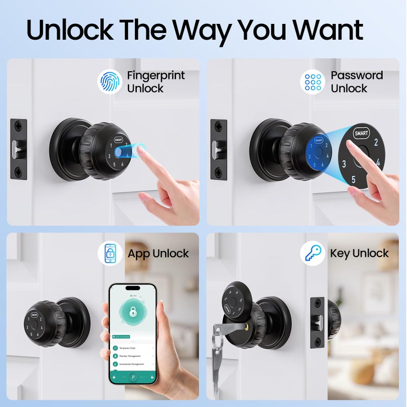 TDCHINGES Fingerprint Smart Door Knob with Keypad Lock 4 in 1 Indoor Biometric Door Knobs Room Thumb Print Door Locks for Bedroom, Key/App Control Black Entry Door Lock for Front Door, Home House Door Hardware - Image 3