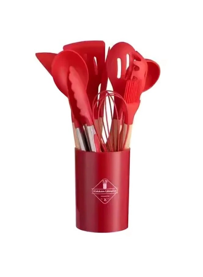 AROAQ 12pcs Silicone Kitchen Utensils Set With Wooden Handle And Storage Bucket, Heat Resistant Silicone Kitchen Spatulas Set, (Red )  - Image 1