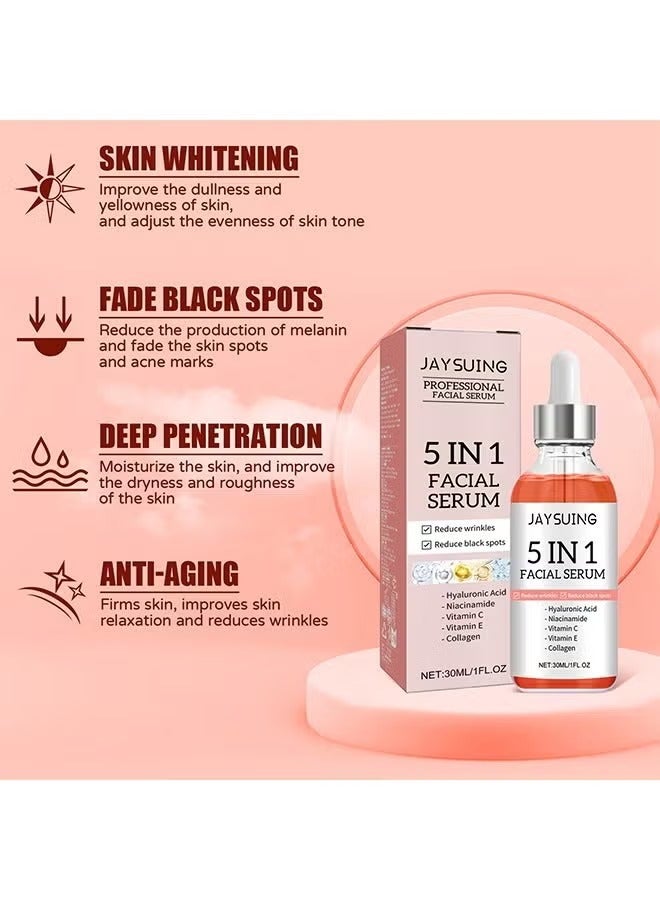 Jaysuing 5 In 1 Facial Serum,With Hyaluronic Acid,Niacinamide,Vitarmin C,Vitarmin E ,Collagen, For Moisturizing Brightening Face Serum Anti-Aging Facial Serum For Dark Spots, Fine Lines And Wrinkles Smooth Skin 3 - Image 5