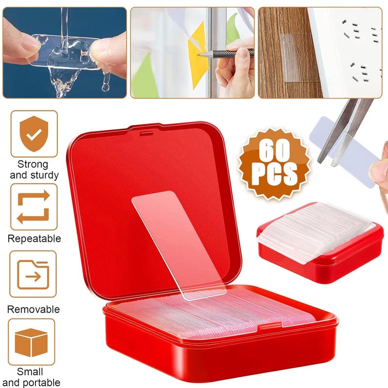 DPISZONE Double Sided Tape Heavy Duty - 60 Pcs Clear Double Sided Tape with Box, Reusable Strong Sticky Strip Grip Tape, Traceless Mounting Adhesive Tape for Walls, Home, Office - Image 2