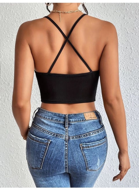 Black Color U Neck Plain Patternless Lycra Thin Strap Ribbed Camisole Fit Crop Top Blouse