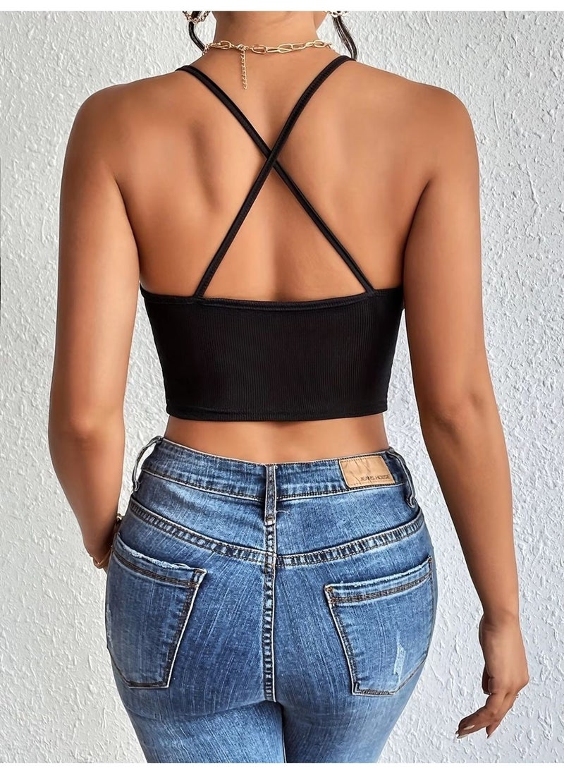 Black Color U Neck Plain Patternless Lycra Thin Strap Ribbed Camisole Fit Crop Top Blouse