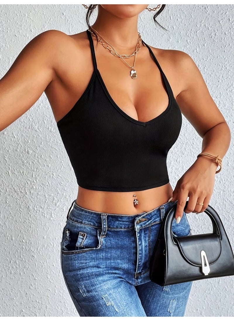 Black Color U Neck Plain Patternless Lycra Thin Strap Ribbed Camisole Fit Crop Top Blouse