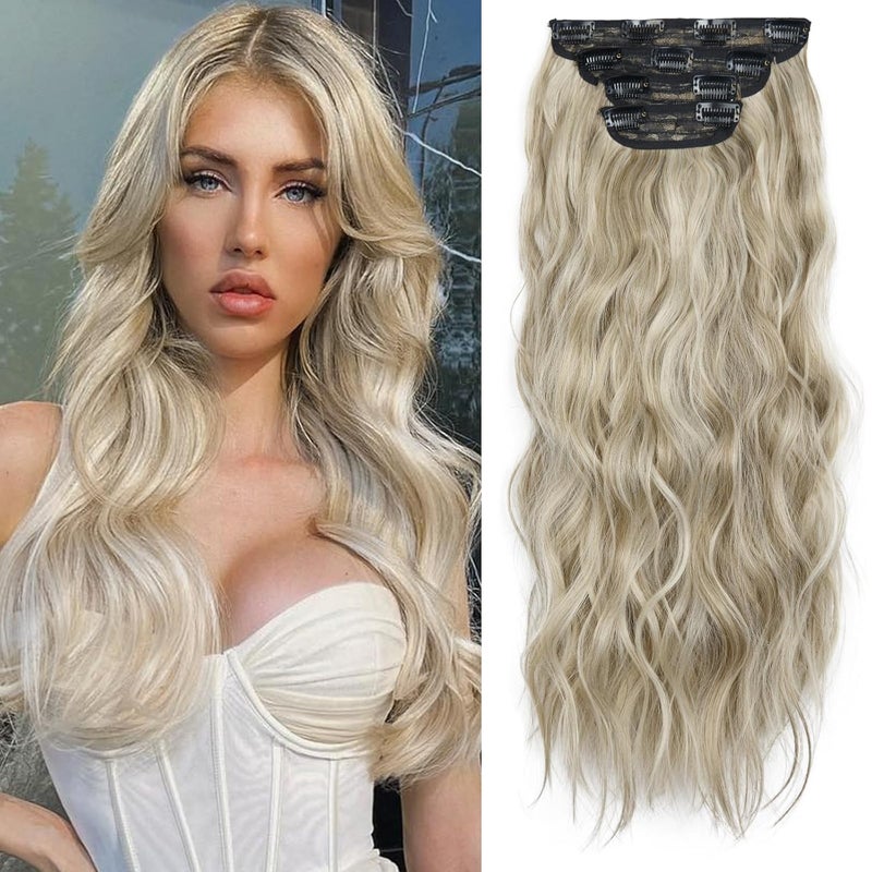 4PCS Synthetic Hair Warm Ash Blonde Highlights Bleach Blonde Clip in Hair Extensions Blonde Highlights Thick and Full Hair ExtensionsWarm Ash Blonde Highlights Bleach Blonde