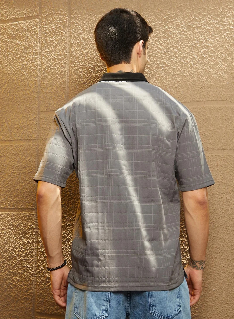 Campus Sutra Men's Moon Grey & Onyx Black Contrast Grid Polo T-Shirt