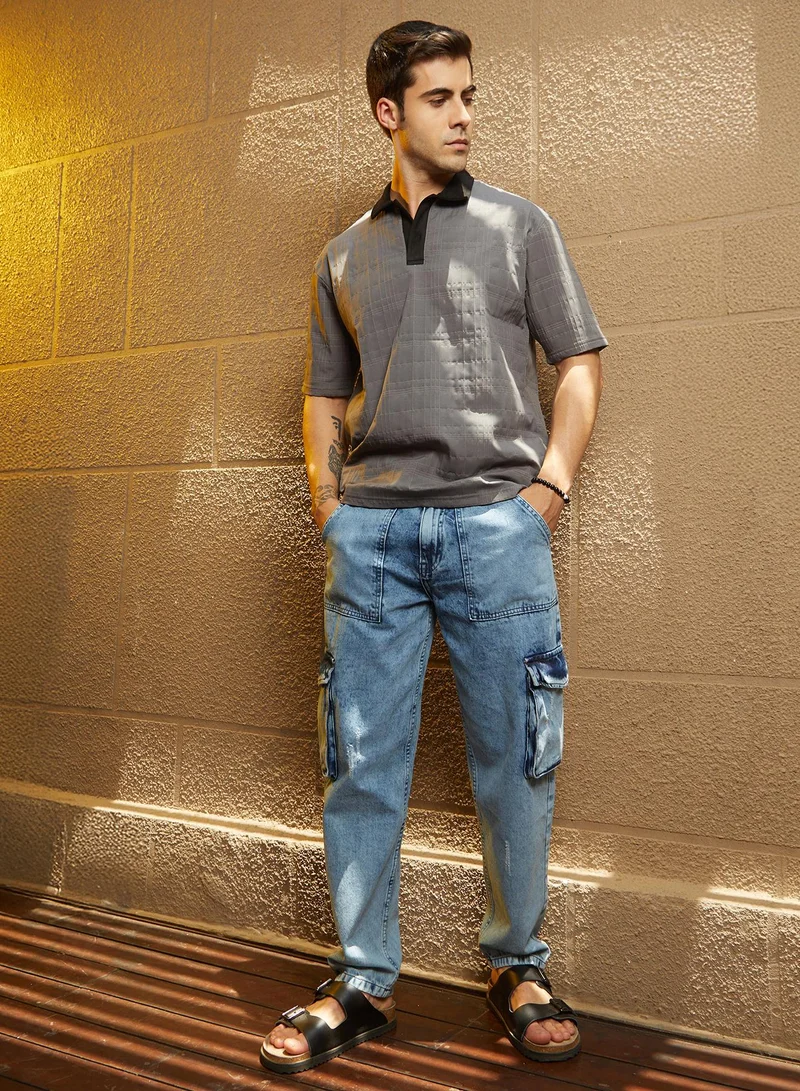 Campus Sutra Men's Moon Grey & Onyx Black Contrast Grid Polo T-Shirt