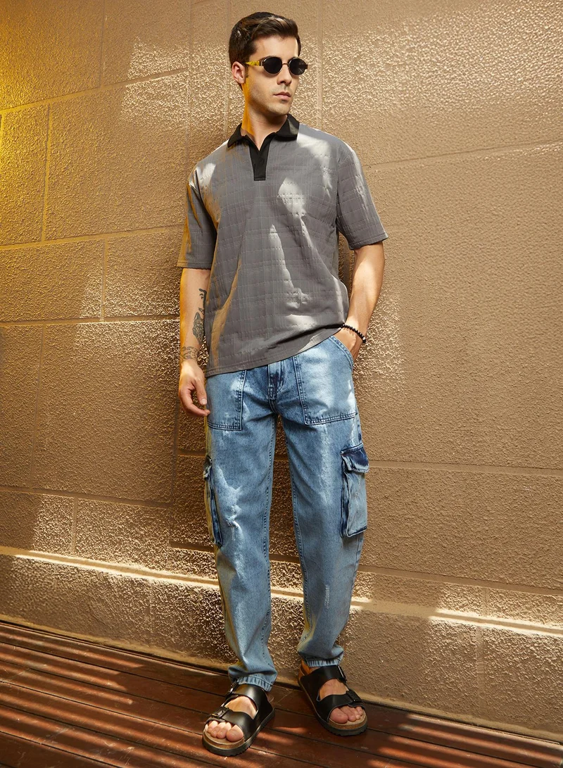 Campus Sutra Men's Moon Grey & Onyx Black Contrast Grid Polo T-Shirt