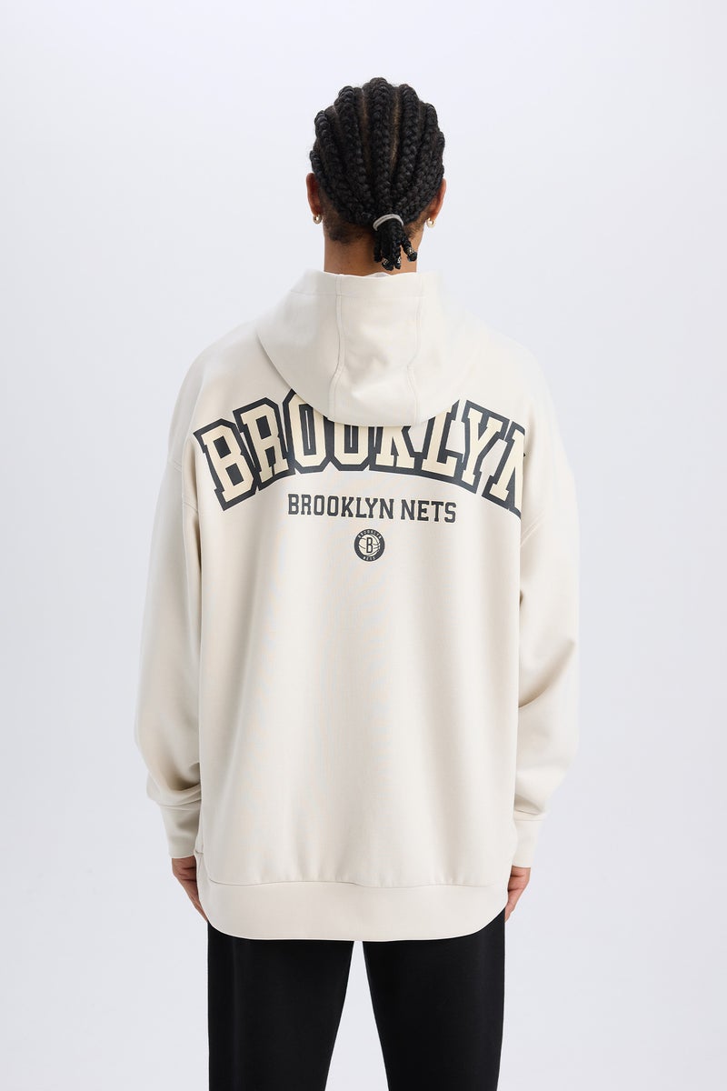 DeFacto Man DeFactoFit NBA Brooklyn Nets Oversize Fit Hooded Scuba Fabric Sports Sweatshirt  - Image 1