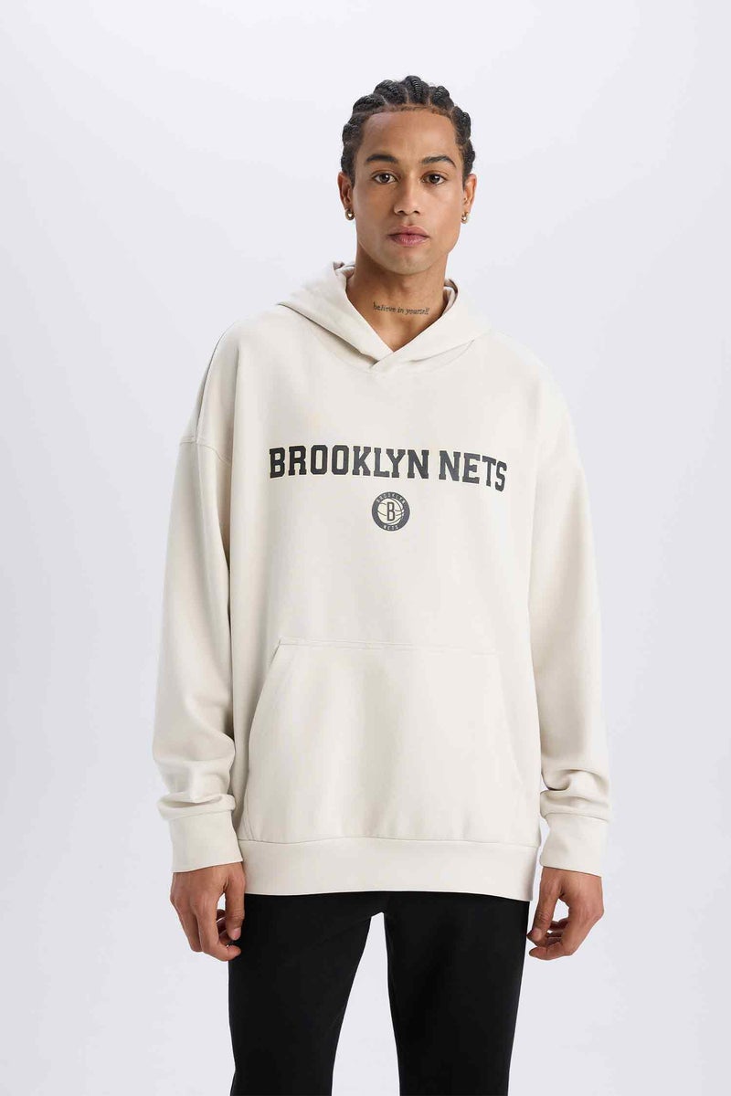 DeFacto Man DeFactoFit NBA Brooklyn Nets Oversize Fit Hooded Scuba Fabric Sports Sweatshirt  - Image 2