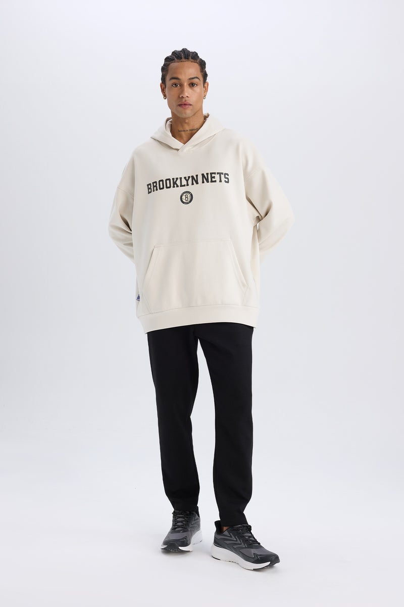 DeFacto Man DeFactoFit NBA Brooklyn Nets Oversize Fit Hooded Scuba Fabric Sports Sweatshirt  - Image 5