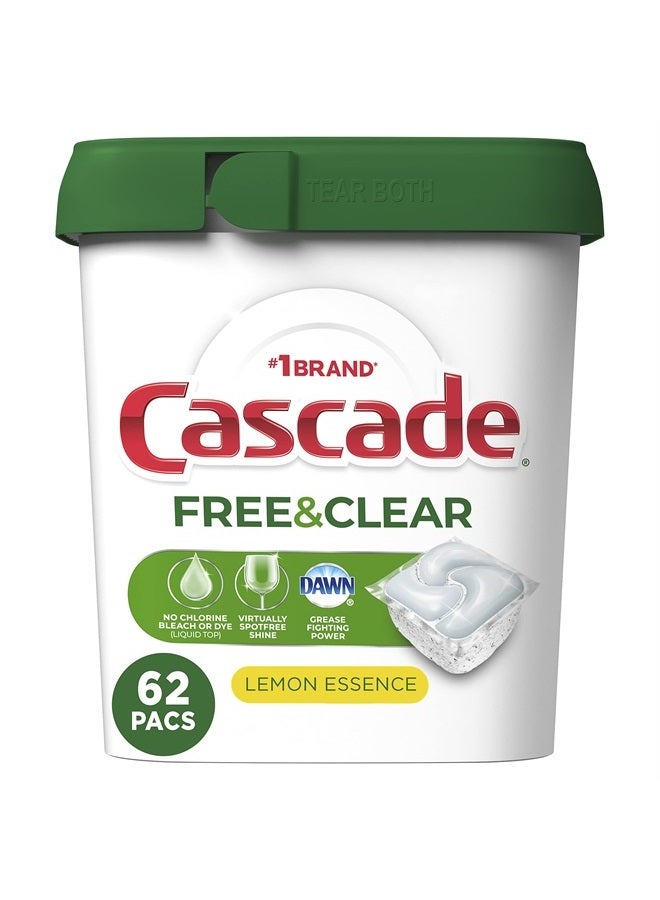 Cascade Free & Clear ActionPacs, Dishwasher Detergent, Lemon Essence, 62 Count - Image 1