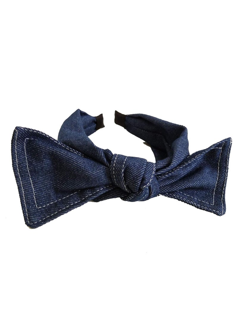 Teensery Denim Fabric Wide Knot Dot Headband Bowknot Hair Hoop for Teens Girls and Women Hair Accessories Navy 