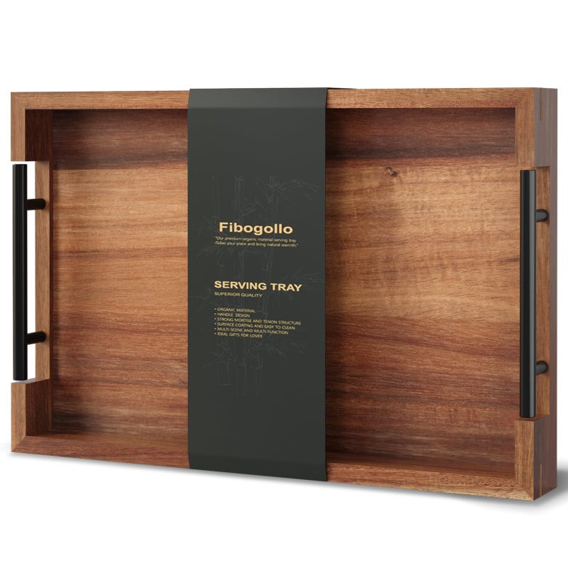 Fibogollo Acacia Wood Serving Tray with Metal Handles,15x10in Ottoman Decorative Trays Platter for Coffee Table,Living Room,Bar,Party(Medium) - Image 1