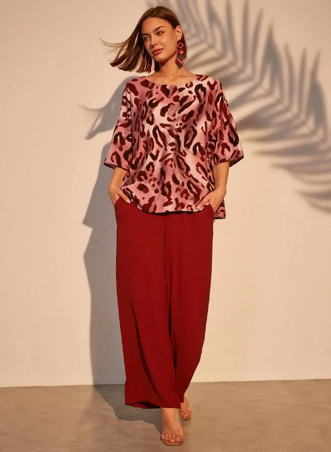 Take Two Take Two Burgundy Leopard Print Top and Trousers Co-Ords