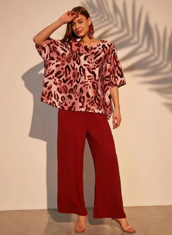 Take Two Take Two Burgundy Leopard Print Top and Trousers Co-Ords