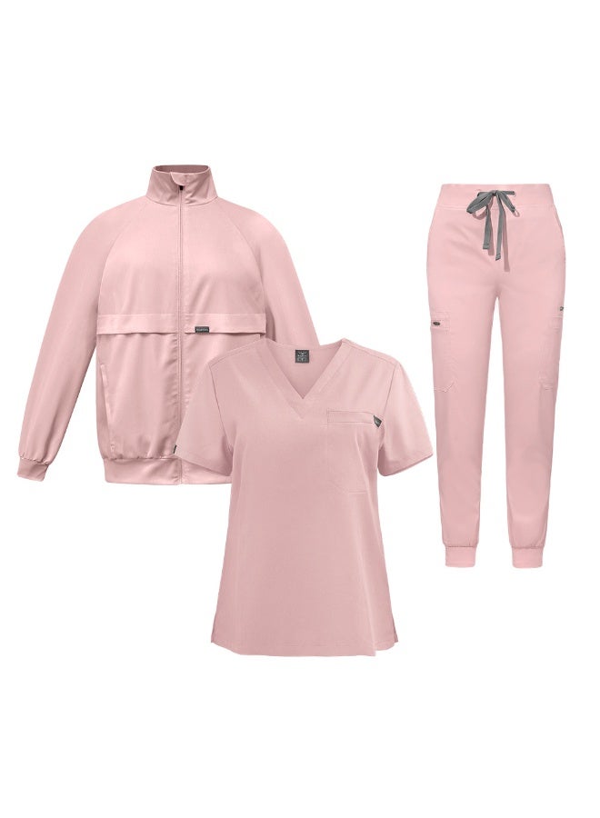 NIBEMINENT Female Loose Comfy V-neck Short Sleeved Top and Trousers and Coat Three Piece Workwear Solid Fall Winter Nurse Caring Clothes - Image 1