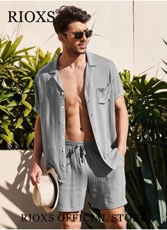 RIOXS Men's Button-Down Shirts, Casual 2 Piece Outfits with Pockets, Lightweight, Breathable Beach Outfit, Crafted from High-quality Cotton Linen Blend, Perfect for Daily Wear, Sports, Party, Fitness, Working or Traveling  - Image 2