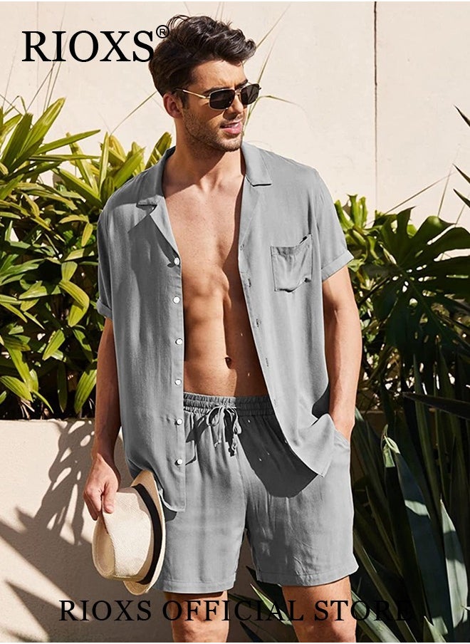 RIOXS Men's Button-Down Shirts, Casual 2 Piece Outfits with Pockets, Lightweight, Breathable Beach Outfit, Crafted from High-quality Cotton Linen Blend, Perfect for Daily Wear, Sports, Party, Fitness, Working or Traveling  - Image 2