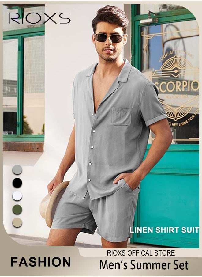 RIOXS Men's Button-Down Shirts, Casual 2 Piece Outfits with Pockets, Lightweight, Breathable Beach Outfit, Crafted from High-quality Cotton Linen Blend, Perfect for Daily Wear, Sports, Party, Fitness, Working or Traveling  - Image 1