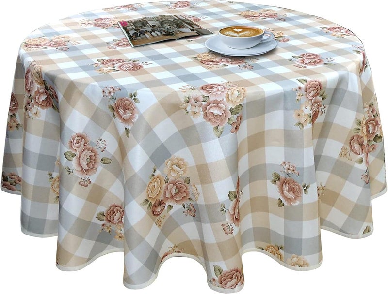 YEESSION Floral Print Polyester 48 Inch Round Tablecloth Stain Resistant and Waterproof Wine Tablecloth for Kitchen Dining Indoor Outdoor Buffet Tabletop Decoration(Brown,Beige,Gray,White Checkered) - Image 1