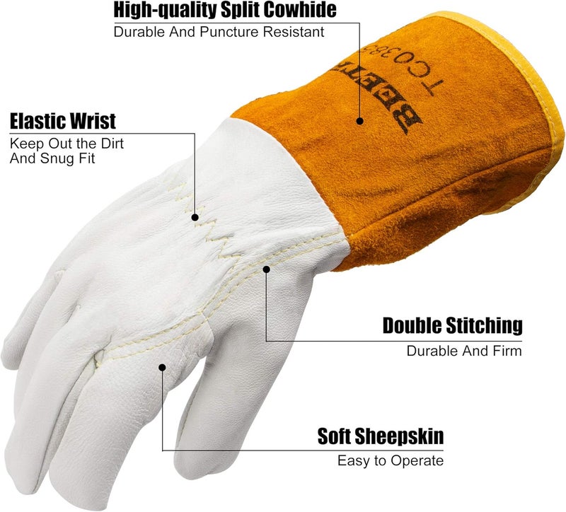BEETRO Working Gloves 2 Pairs, Tig Welding Cowhide Split Leather, Heat/Fire Resistant BBQ/Warehouse/Heavy Duty/Animal Handling Glove, Extremely Soft and Flexible - Image 3