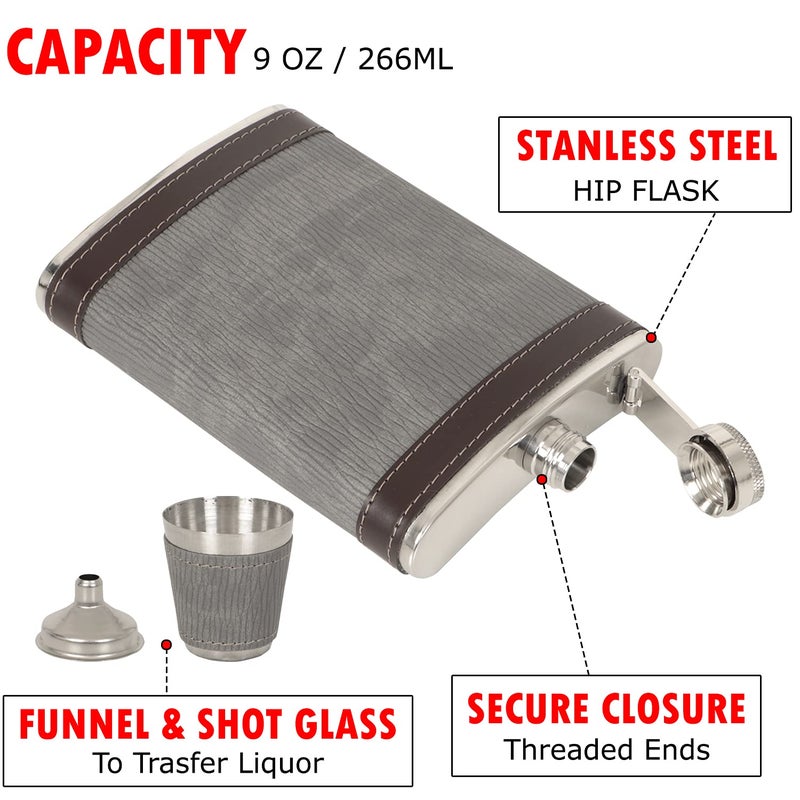 Jonquin Stainless Steel Hip Flask with Funnel & 4 Shot Glass for Men & Women, 9 oz (266 ml) Wine Whiskey Vodka Alcohol Drinks Pocket Bottle Beverage Holder (AR3783) - Image 5