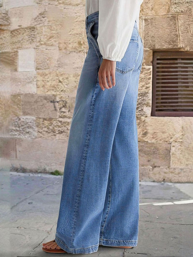 Flamingals Wide Leg Jeans for Women Mid Waist Baggy Stitch Decor Denim Washed Pants Without Belt Mid Blue L - Image 2