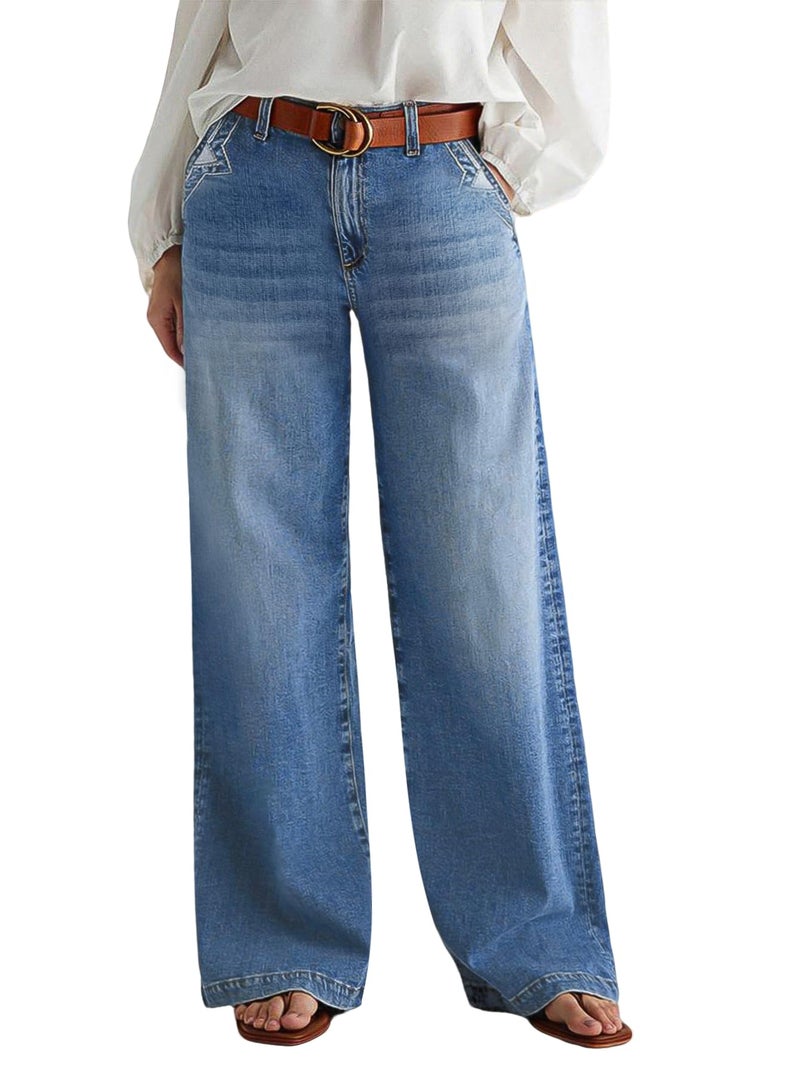 Flamingals Wide Leg Jeans for Women Mid Waist Baggy Stitch Decor Denim Washed Pants Without Belt Mid Blue L - Image 1