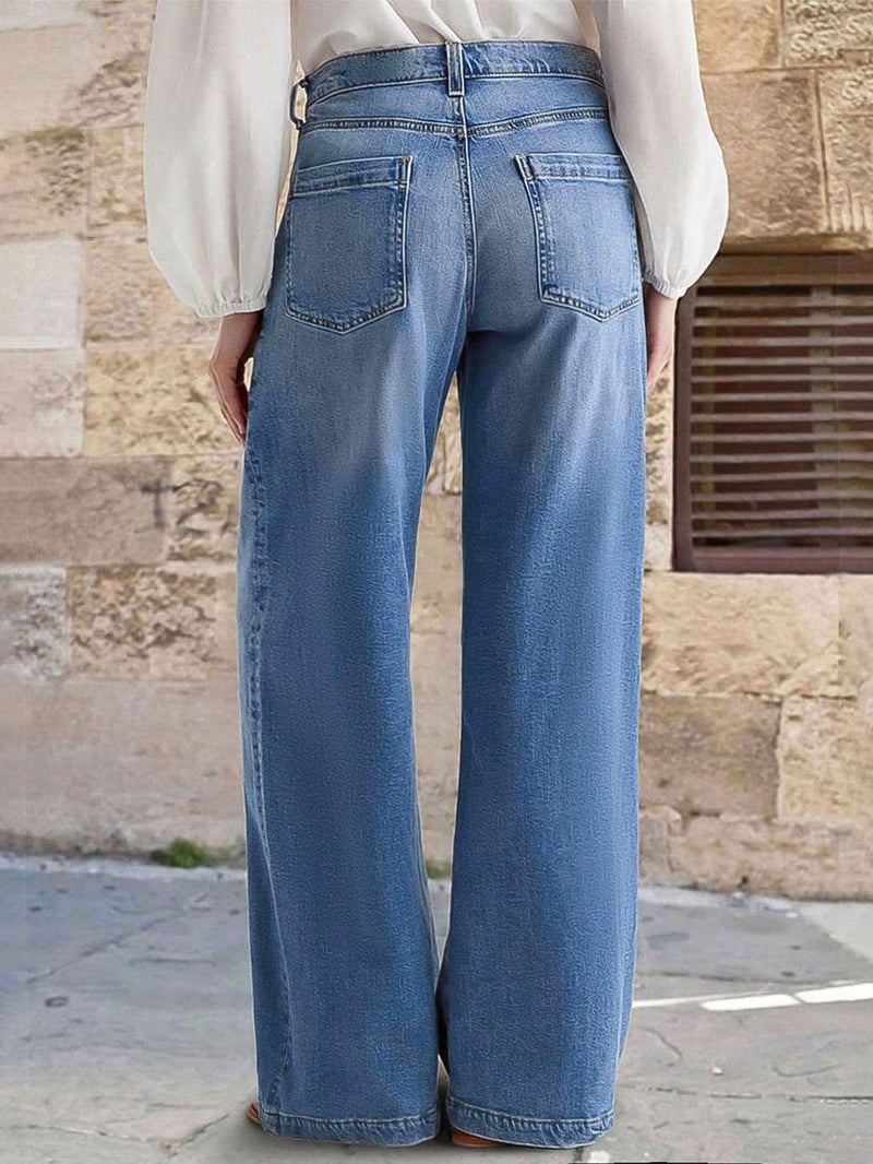 Flamingals Wide Leg Jeans for Women Mid Waist Baggy Stitch Decor Denim Washed Pants Without Belt Mid Blue L - Image 3