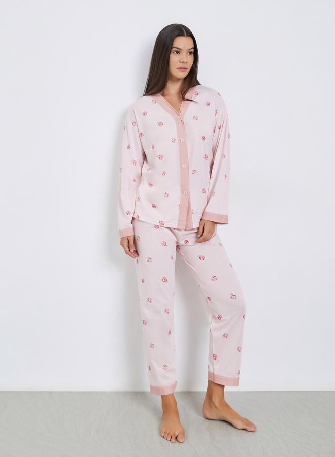 ستايلي طقم بيجاما من بنطال وبلوزة بطبعة خوخ - Image 1
