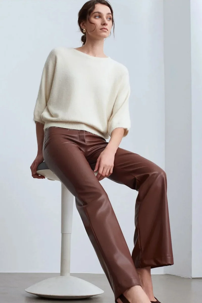 Dilvin Chestnut Brown DILVIN Women's Faux Leather Flare Pants for Women | Best Price UAE