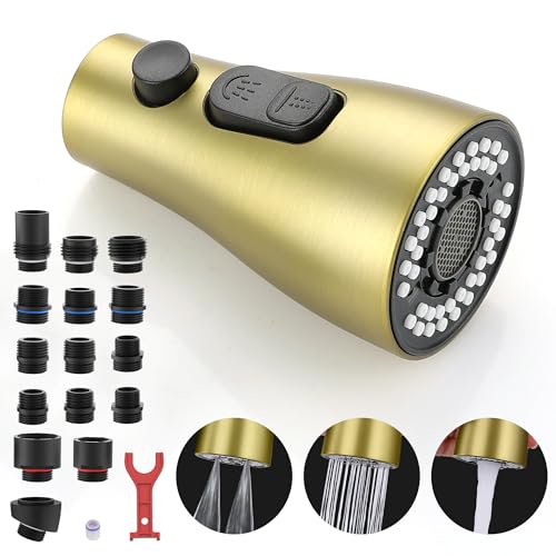 PerPaiMe Kitchen Faucet Sprayer Head Replacement - with 15 Adapters Pull Down Faucet Spray Head, Pull Out Faucet Sprayer Nozzle, 3 Function Kitchen Tap Spray Spout Part Connector, Brushed Gold - Image 1