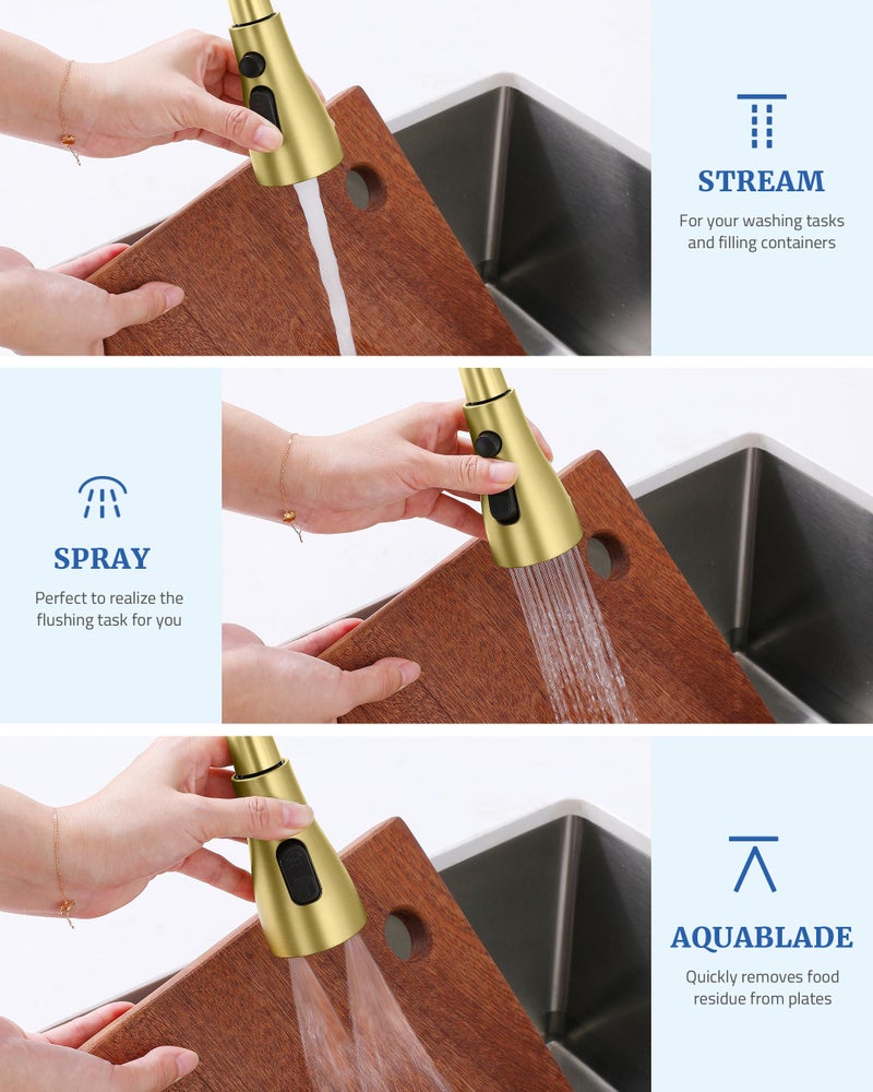 PerPaiMe Kitchen Faucet Sprayer Head Replacement - with 15 Adapters Pull Down Faucet Spray Head, Pull Out Faucet Sprayer Nozzle, 3 Function Kitchen Tap Spray Spout Part Connector, Brushed Gold - Image 2